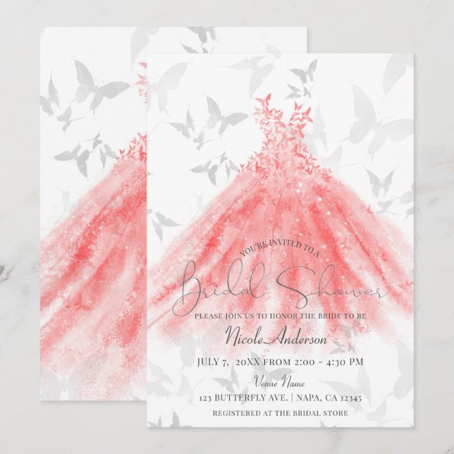 Invitación Vestido Brillo de Coral Baile de Mariposa Despedid (Anverso / Reverso)