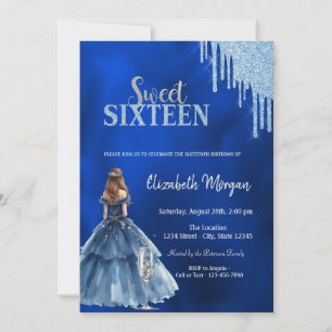 Invitación Vestido Brillo Goteo Vidrio Azul Dulce 16