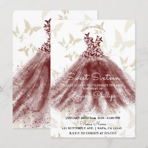 Invitación Vestido Burgundy Gold Baile de Mariposa Fiesta Dul