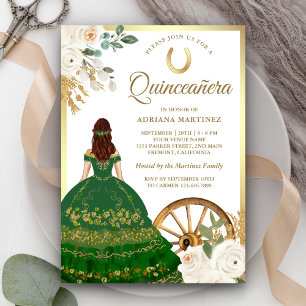Invitación Vestido Charro Verde Floral de Marfil Quinceañera