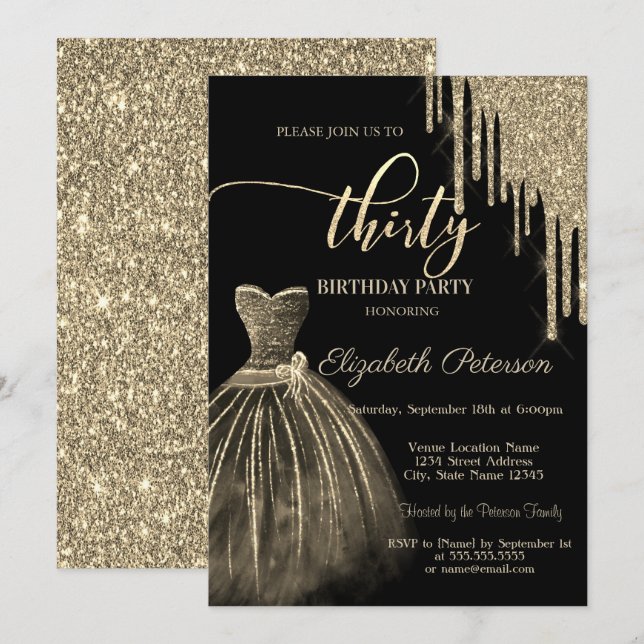 Invitación Vestido Chic, Brillo Dorado Gotea Cumpleaños 30 (Anverso / Reverso)