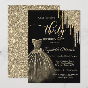 Invitación Vestido Chic, Brillo Dorado Gotea Cumpleaños 30