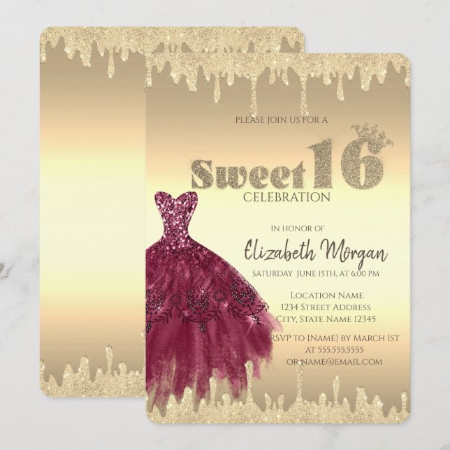 Invitación Vestido Chic, Brillo Gotea Dorado Dulce 16 (Anverso / Reverso)