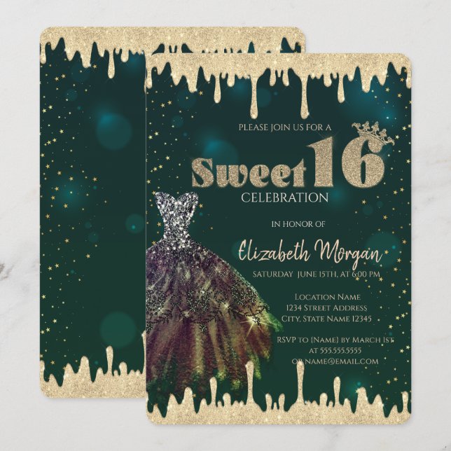 Invitación Vestido Chic, Brillo Gotea Verde Dulce 16 (Anverso / Reverso)