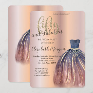 Invitación Vestido Chic, Cumpleaños 50 de fondo dorado rosa