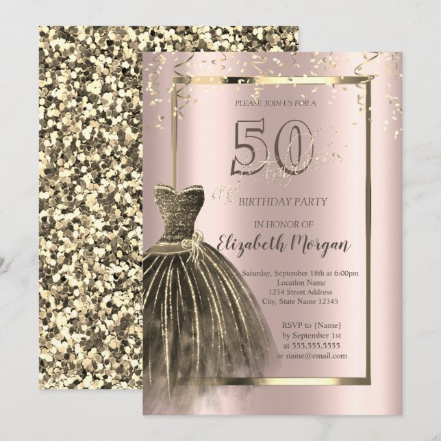 Invitación Vestido Chic Dorado Lentejuelas Rosa Dorado Cumple (Anverso / Reverso)
