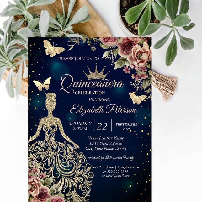 Invitación Vestido Chic, Estrellas Florales de Mariposa Quinc (Subido por el creador)