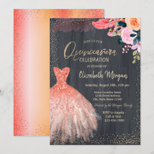 Invitación Vestido Chic, Flores Pluma Quinceañera