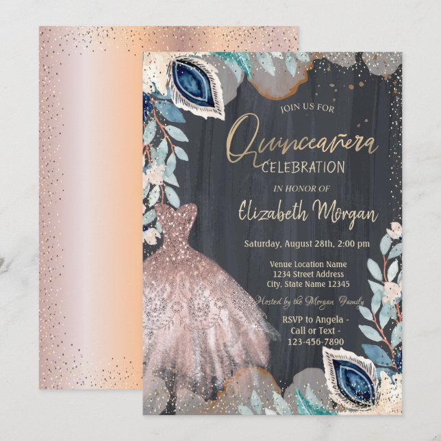 Invitación Vestido Chic, Flores, Quinceañera de Oro Rosa (Anverso / Reverso)