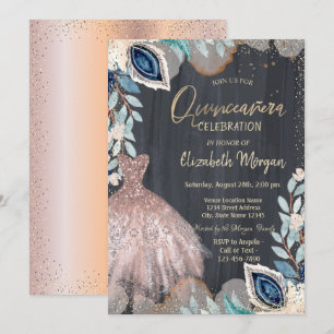 Invitación Vestido Chic, Flores, Quinceañera de Oro Rosa