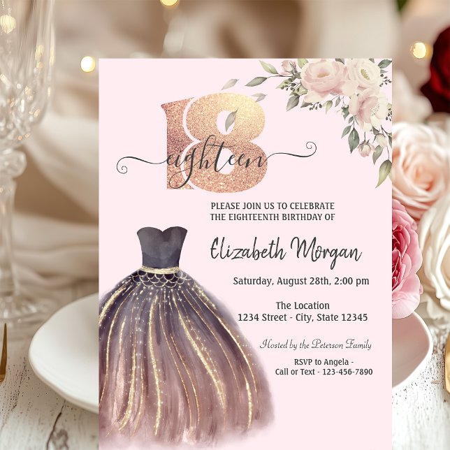Invitación Vestido Chic Flores Rosas Cumpleaños 18 (Subido por el creador)
