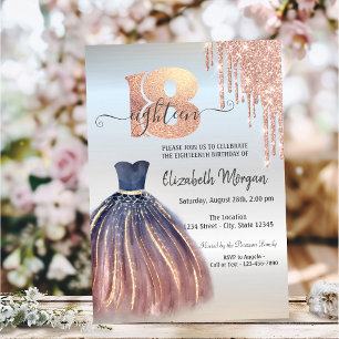 Invitación Vestido Chic Goteo de Oro Rosa Cumpleaños 18 Plata