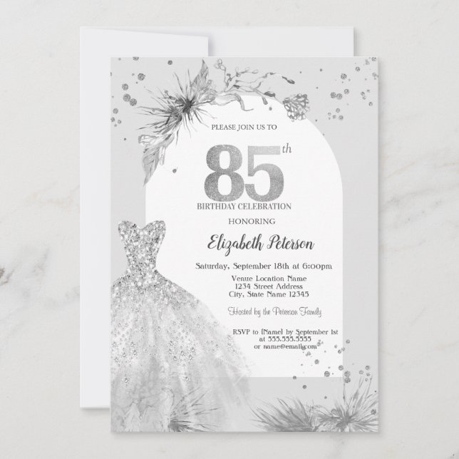 Invitación Vestido Chic Invierno Cumpleaños 85 Grises  (Anverso)