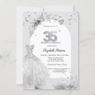 Invitación Vestido Chic Invierno Gris Cumpleaños 35