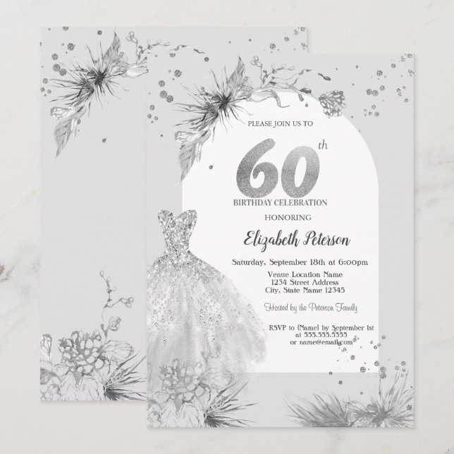 Invitación Vestido Chic Invierno Gris Cumpleaños 60 (Anverso / Reverso)