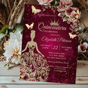 Invitación Vestido Chic, Mariposa Floral Rojo Quinceañera