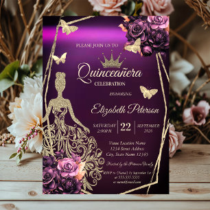 Invitación Vestido Chic, Mariposas Rosas Violetas Quinceañera