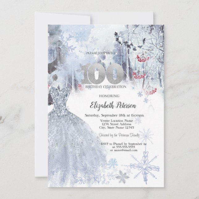 Invitación Vestido Chic Paisaje Invernal 100 Cumpleaños  (Anverso)