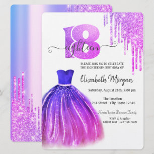 Invitación Vestido Chic Violeta con Goteos Cumpleaños 18