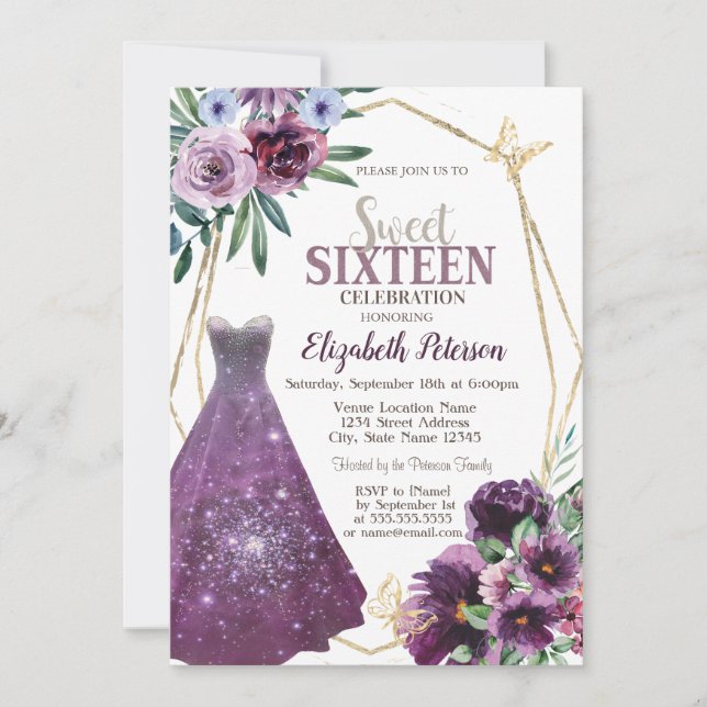 Invitación Vestido Chica, Flores Violeta Mariposa Dulces 16 (Anverso)