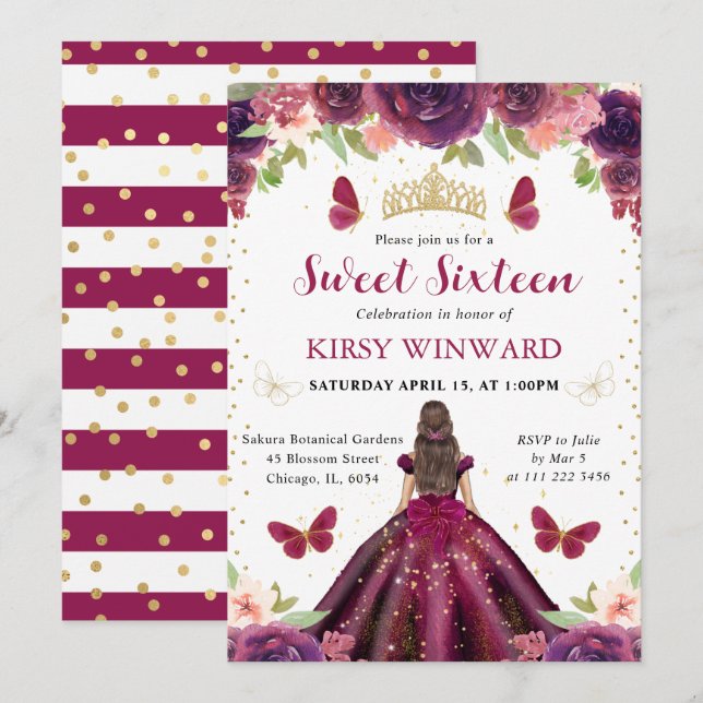 Invitación Vestido Ciruela Morena Princesa Dulces 16 (Anverso / Reverso)