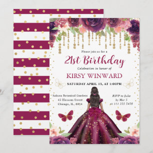 Invitación Vestido Ciruela Princesa Cumpleaños Piel Oscura