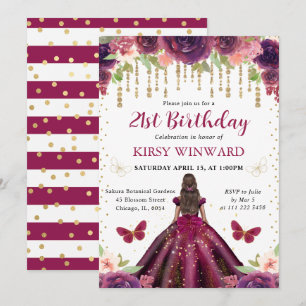 Invitación Vestido Ciruela Princesa Cumpleaños Piel Oscura