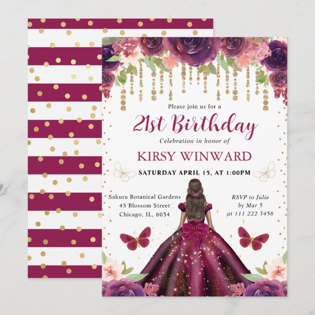 Invitación Vestido Ciruela Princesa Cumpleaños Piel Oscura (Anverso / Reverso)