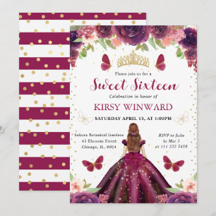 Invitación Vestido Ciruela Princesa Pelirroja Dulces 16