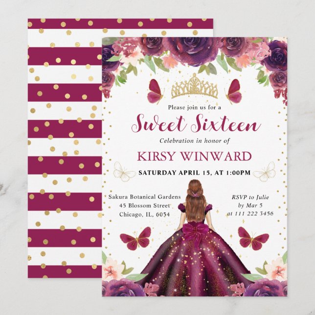 Invitación Vestido Ciruela Princesa Pelirroja Dulces 16 (Anverso / Reverso)