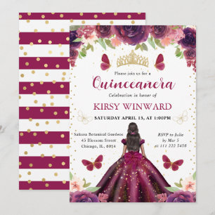 Invitación Vestido Ciruela Princesa Piel Oscura Quinceañera