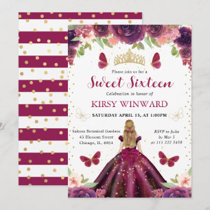 Invitación Vestido Ciruela Princesa Rubia Dulces 16