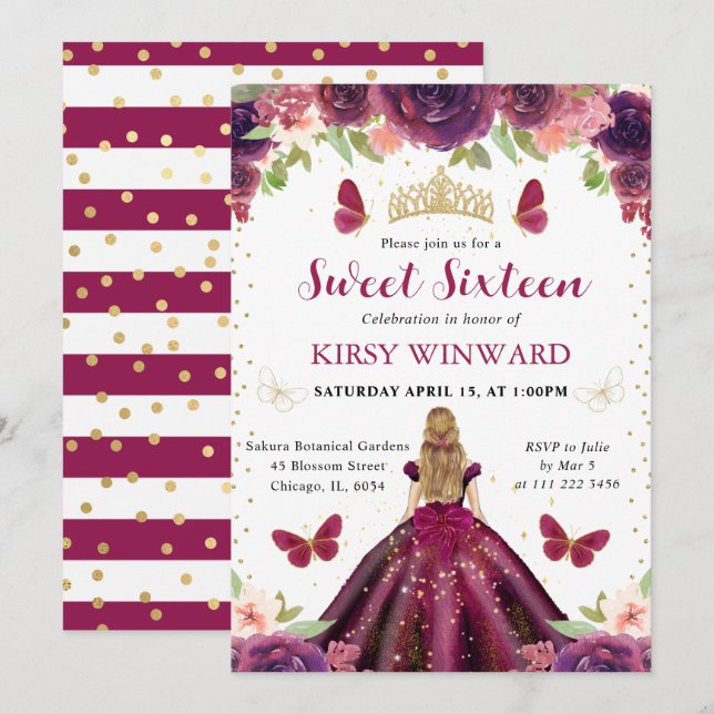 Invitación Vestido Ciruela Princesa Rubia Dulces 16 (Anverso / Reverso)