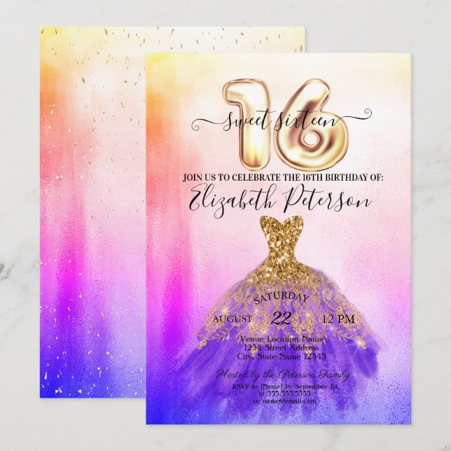 Invitación Vestido colorido Confetti Ombre Dulce 16 (Anverso / Reverso)