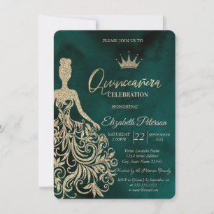Invitación Vestido con brillo dorado chic, Dulces 15 verdes c