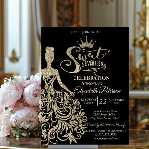 Invitación Vestido con brillo dorado chic, Tiara Quinceañera