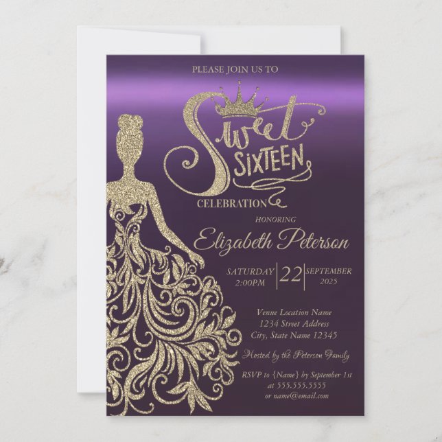 Invitación Vestido con brillo dorado, Tiara, Dulces 16 Morado (Anverso)