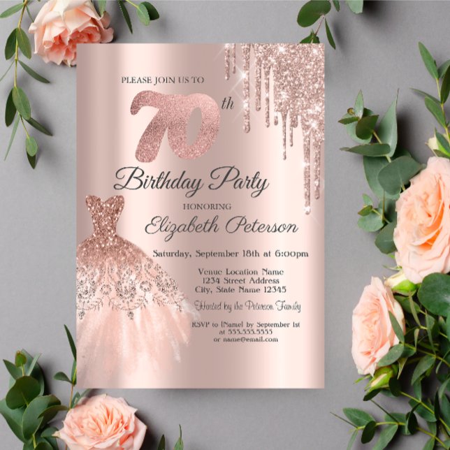 Invitación Vestido con gotas de brillo de oro rosa Cumpleaños (Subido por el creador)