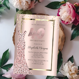 Invitación Vestido con Lentejuelas Rosa Dorado Cumpleaños 40