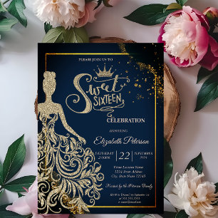 Invitación Vestido con purpurina dorada chic, Diadema azul ma