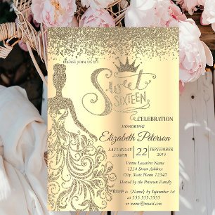 Invitación Vestido con purpurina dorada chic, Diadema, Diaman