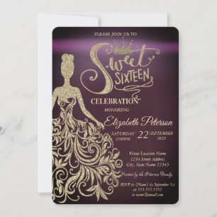 Invitación Vestido con purpurina dorada, Tiara Burgundy Sweet