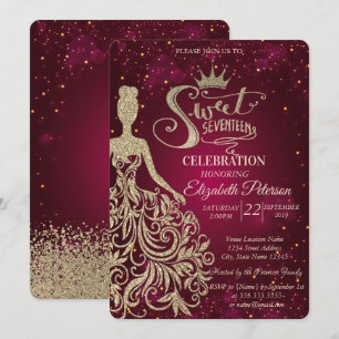 Invitación Vestido con purpurina dorada, Tiara, Diamantes Dul