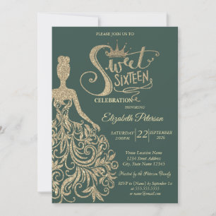 Invitación Vestido con purpurina dorada, Tiara, Dulces 16 ver