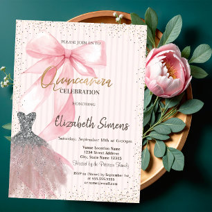 Invitación Vestido Confeti, Lazo Rosa Rayado 