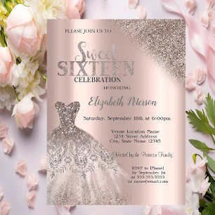 Invitación Vestido Cool Glitter Bokeh Rosa Dorado Sweet 16