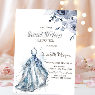 Invitación Vestido de acuarela azul rosas azules dulces 16