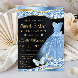 Invitación Vestido de acuarela azul y dorado con purpurina pa