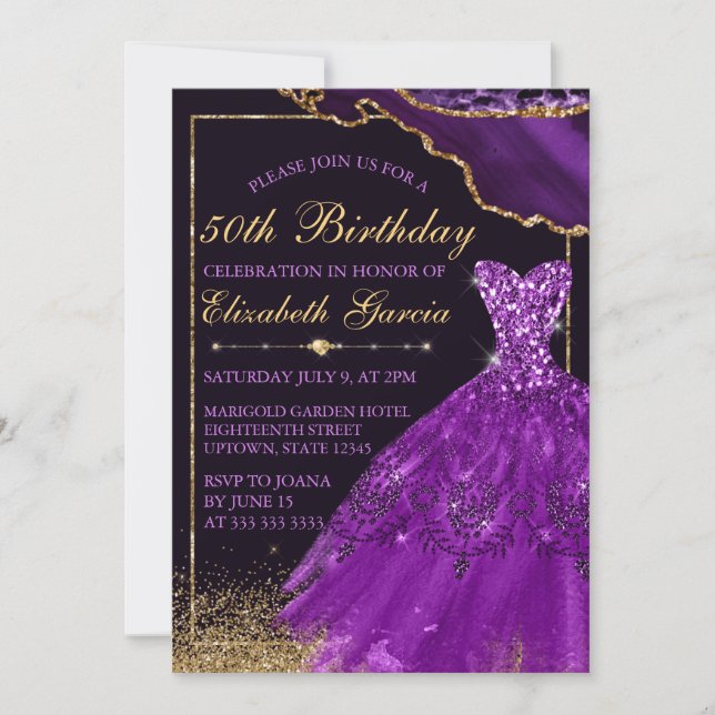 Invitación Vestido de acuarela morado cumpleaños de ágata (Anverso)