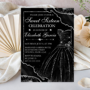 Invitación Vestido de Acuarela Negra y Agata Brillante Cumple